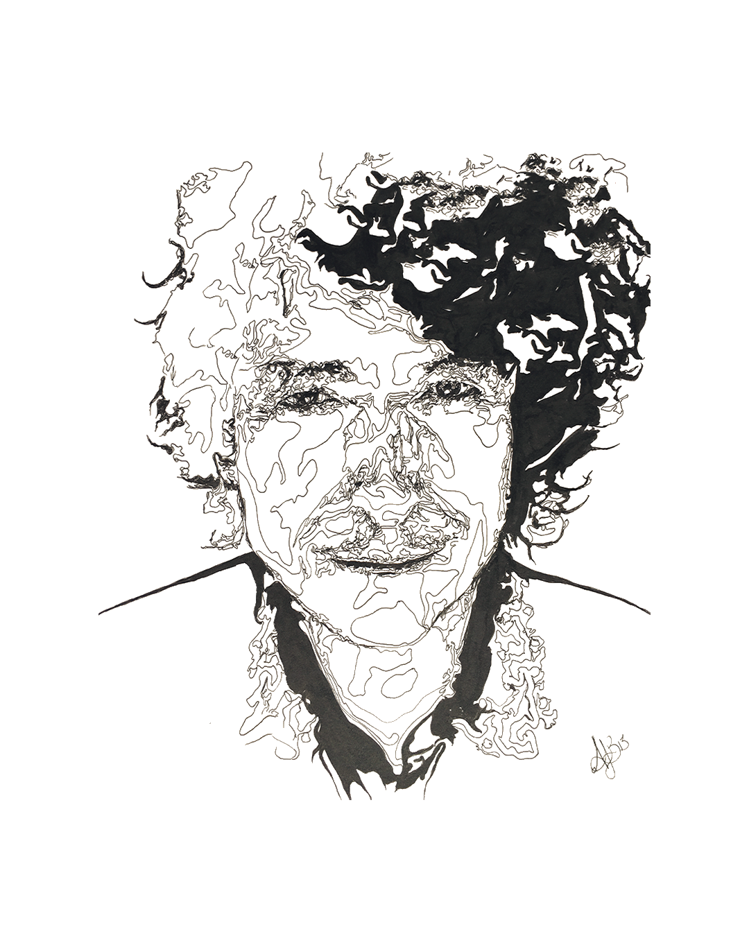 pen and ink visiography line drawing art of Bob Dylan