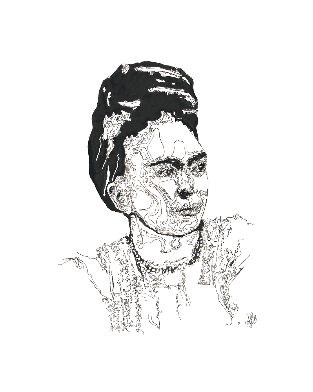 pen and ink visiography line art drawing of Frida Kahlo