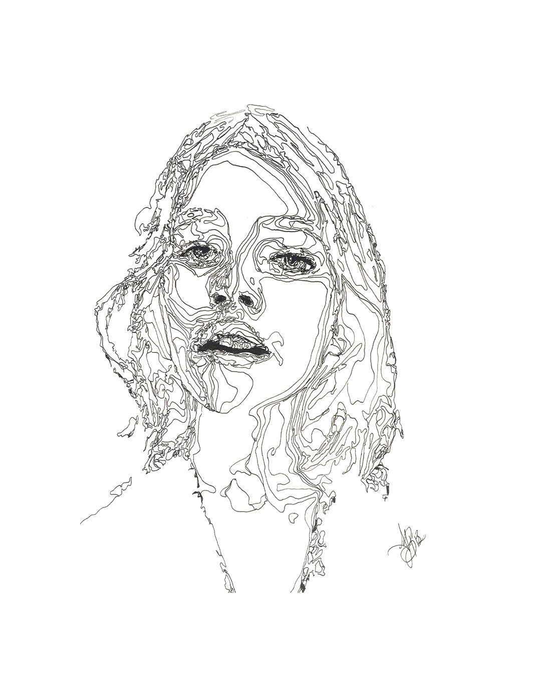 pen and ink visiography line art drawing of a woman named sarah