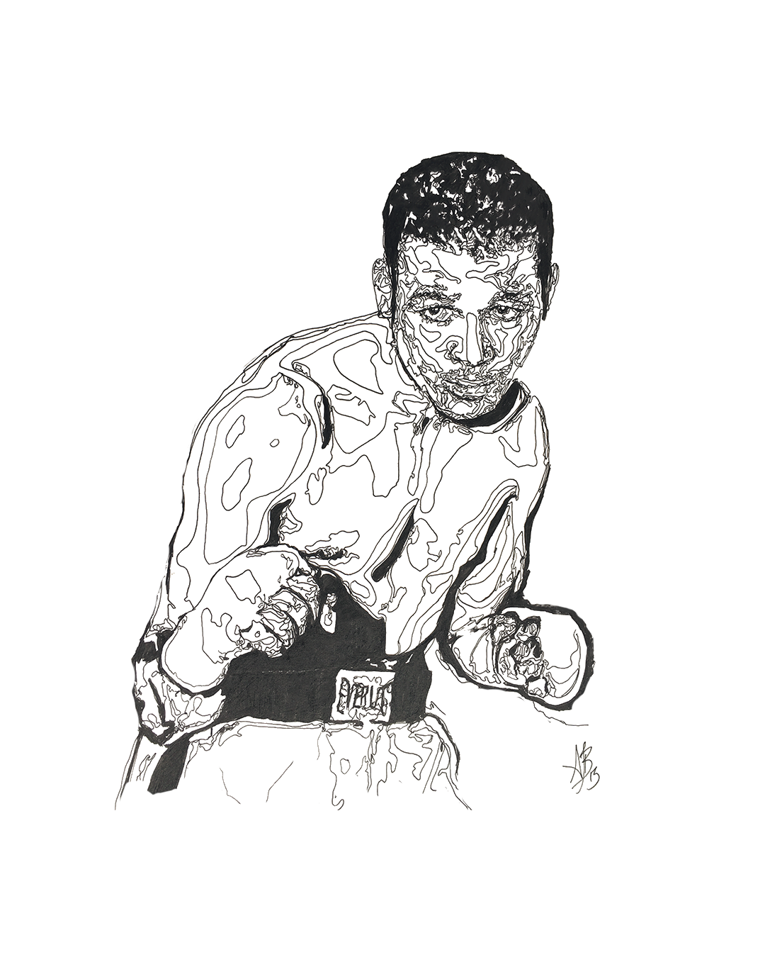 pen and ink visiography line drawing of boxing legend, Sugar Ray Robinson