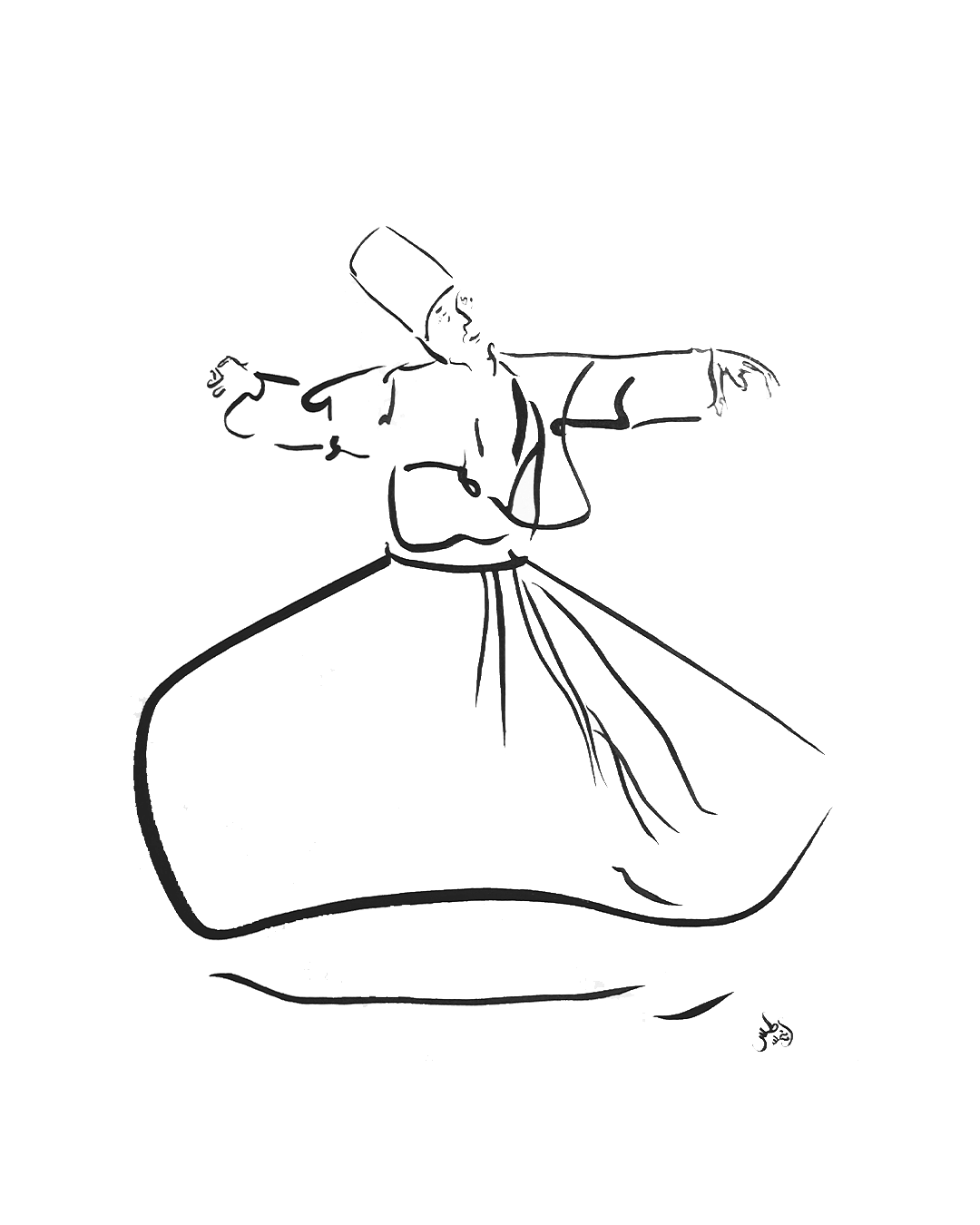 a whirling dervish pen and ink line drawing