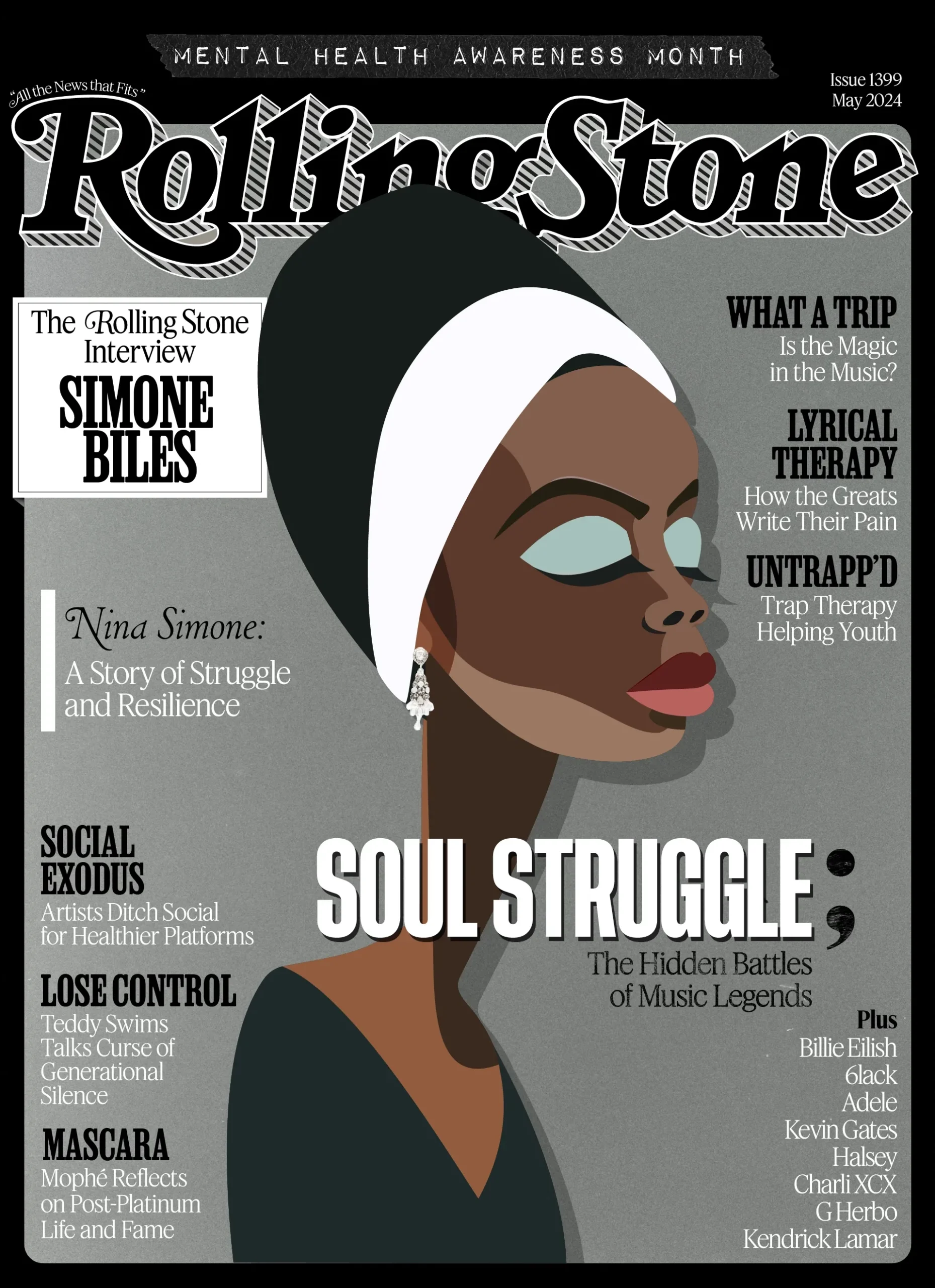 Illustration of Nina Simone by Augustus Rivers Brightman for Rolling Stone magazine